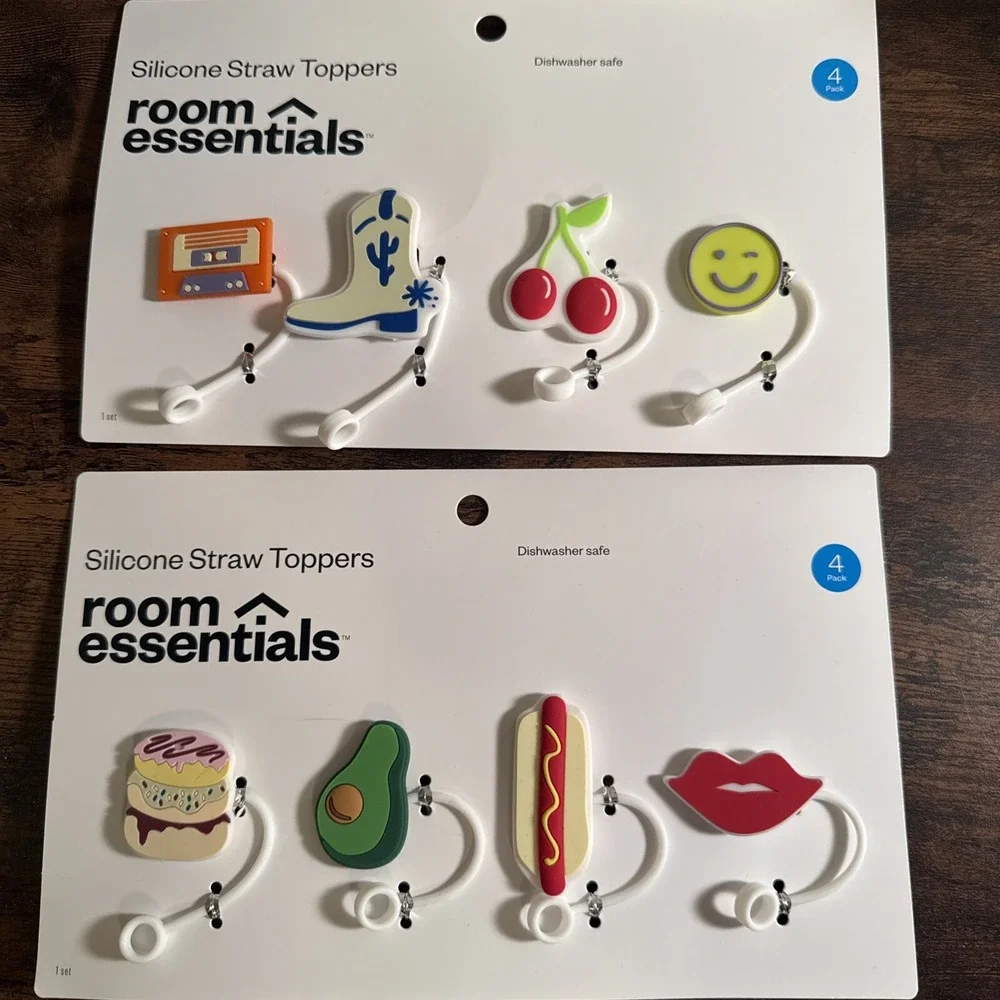 New Silicone Straw Toppers. 2 Sets Of 4 Each. Various Design. Total Of 8 Toppers